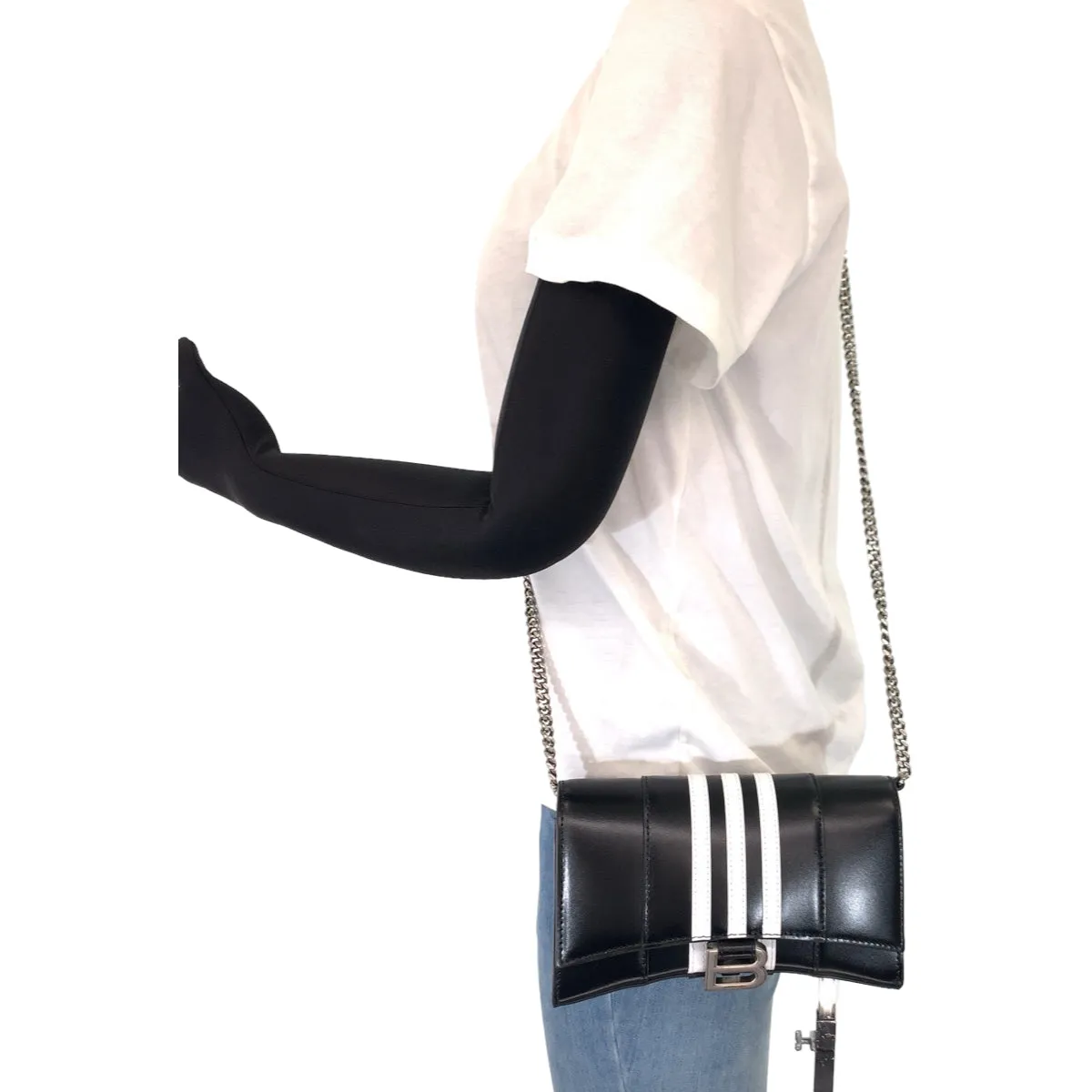 BALENCIAGA Long Wallet Purse 2304BLSJJ BAL3145 leather Black White Chain wallet Shoulder Bag Adidas collaboration Hourglass Hourglass Wallet On Chain Women Used