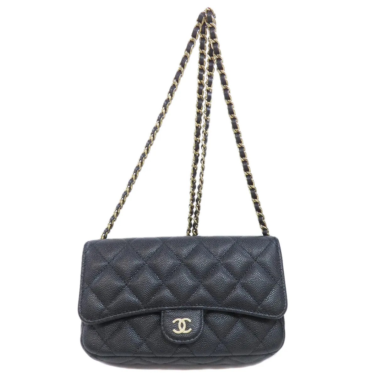 CHANEL Shoulder Bag Caviar skin black ChainShoulder Matelasse Gold Metal Women Used