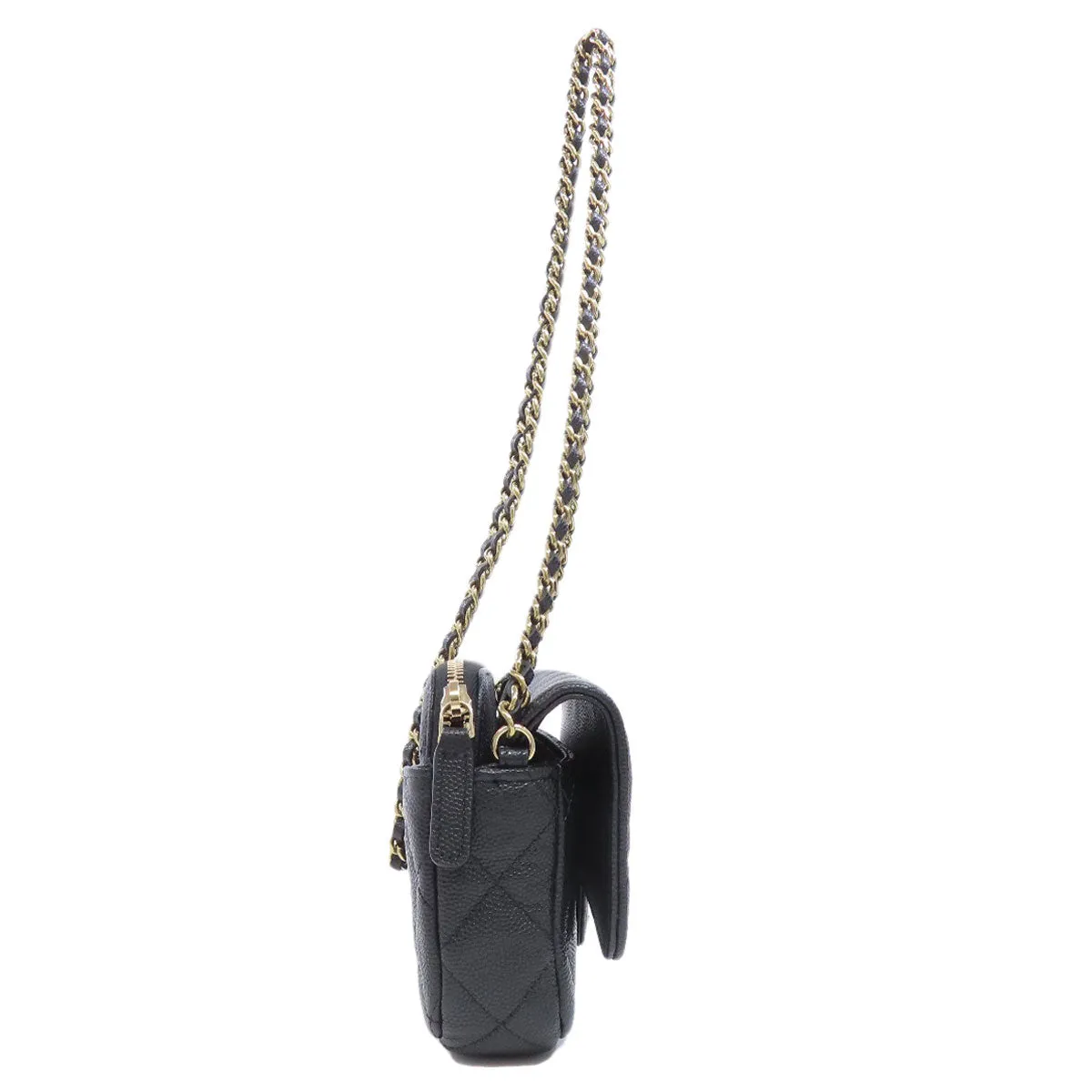 CHANEL Shoulder Bag Caviar skin black ChainShoulder Matelasse Gold Metal Women Used