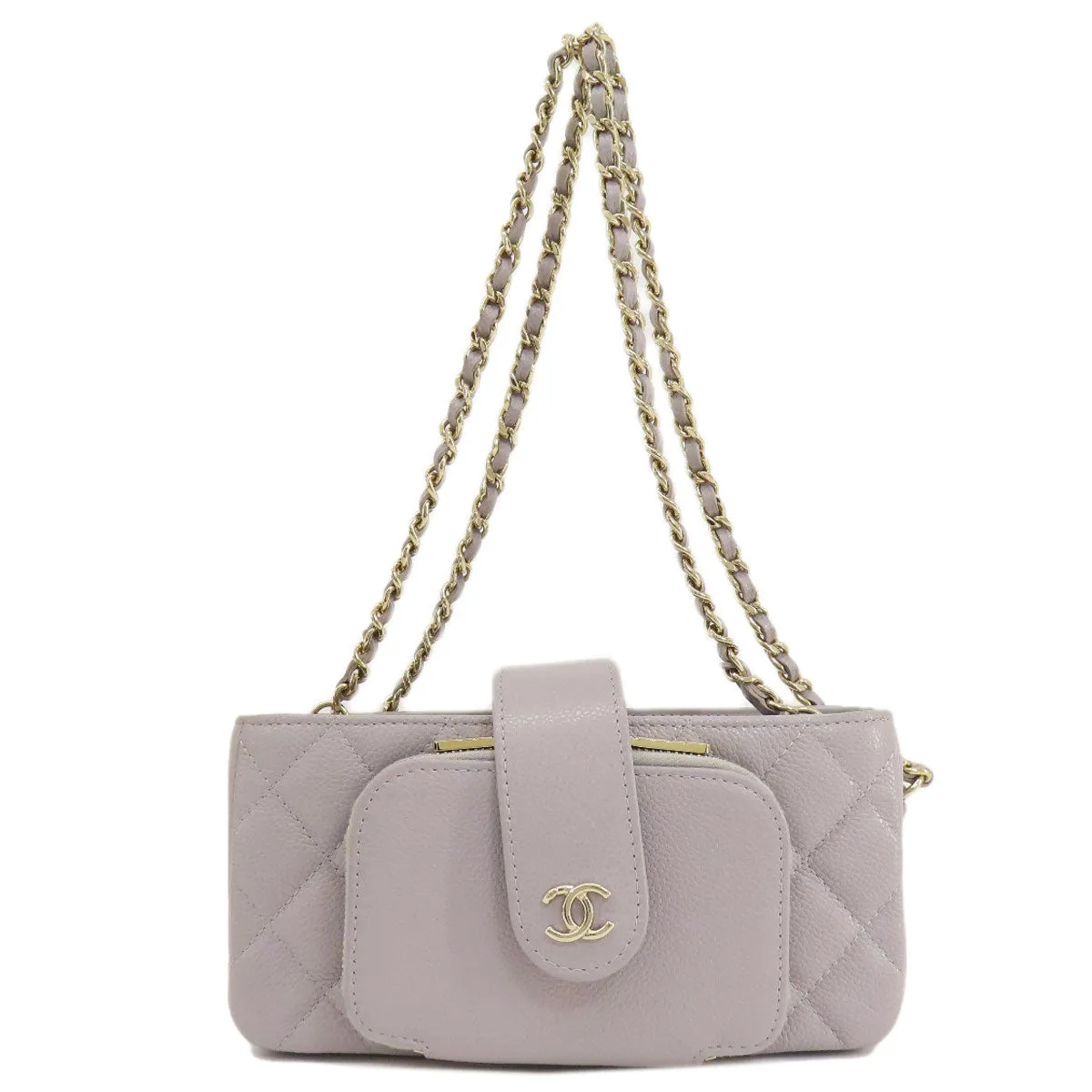 CHANEL Shoulder Bag Caviar skin gray Matelasse Gold Metal Women Used