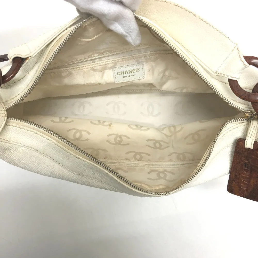 CHANEL Shoulder Bag Caviar skin white Wood tone CC COCO Mark Women Used