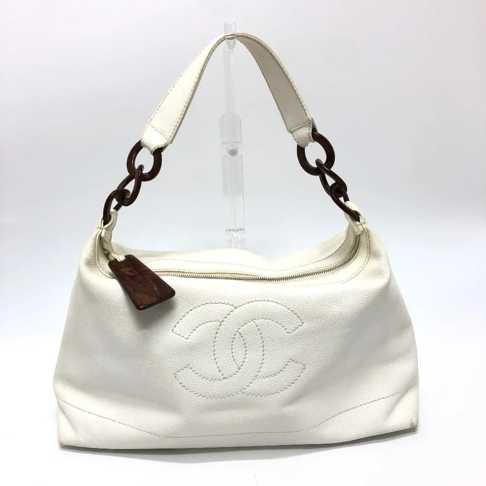 CHANEL Shoulder Bag Caviar skin white Wood tone CC COCO Mark Women Used