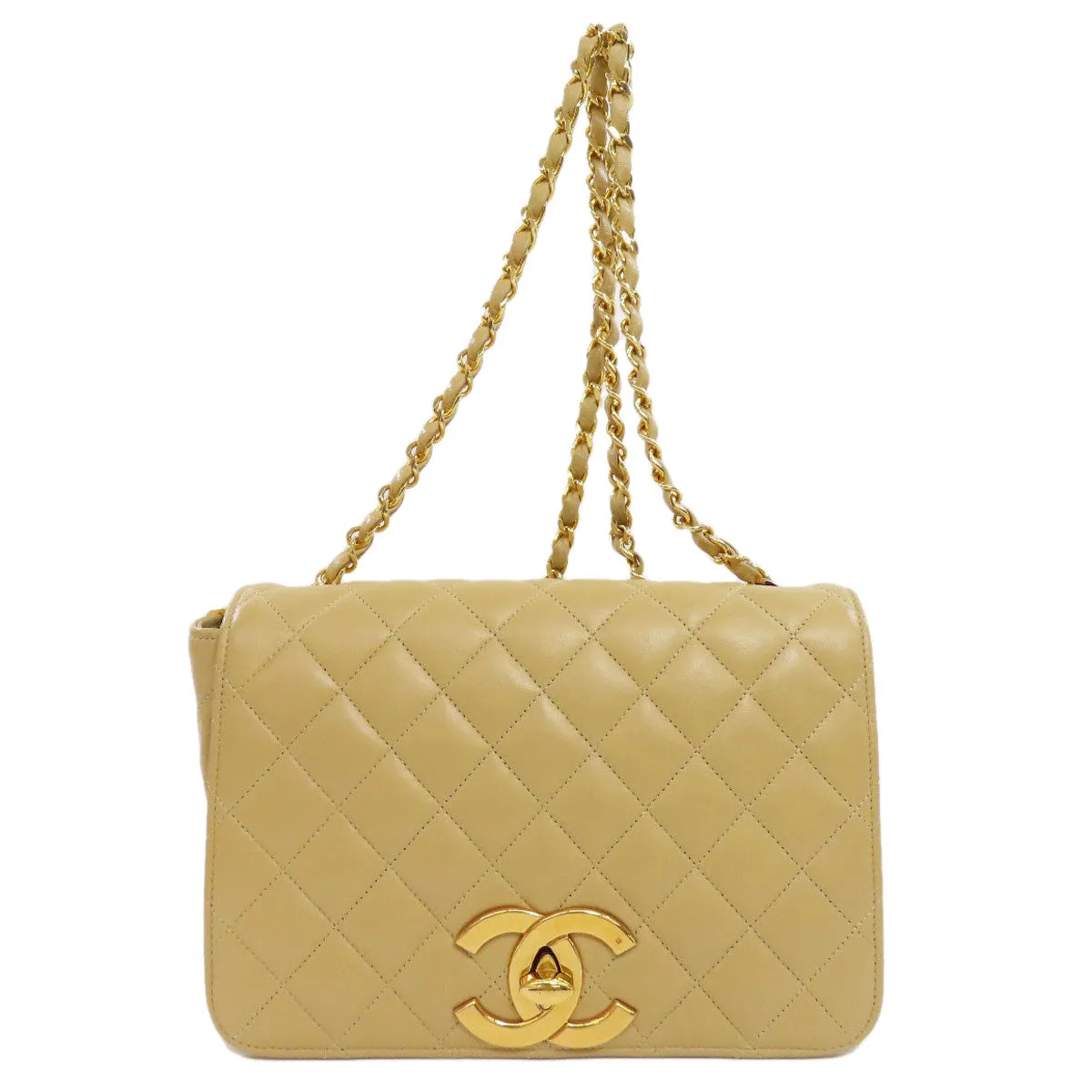 CHANEL Shoulder Bag lambskin beige ChainShoulder Matelasse Gold Metal Women Used