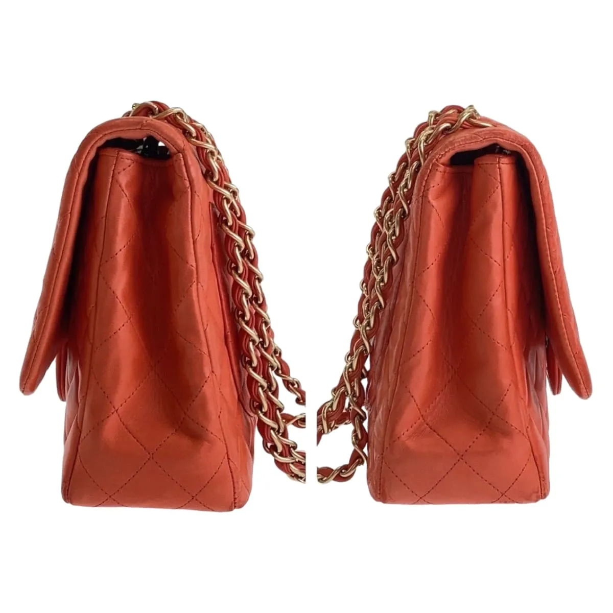 CHANEL Shoulder Bag lambskin Orange GoldMetal ChainShoulder Bag Deca Matelasse 30 Single Flap COCO Mark Turnlock Women Used