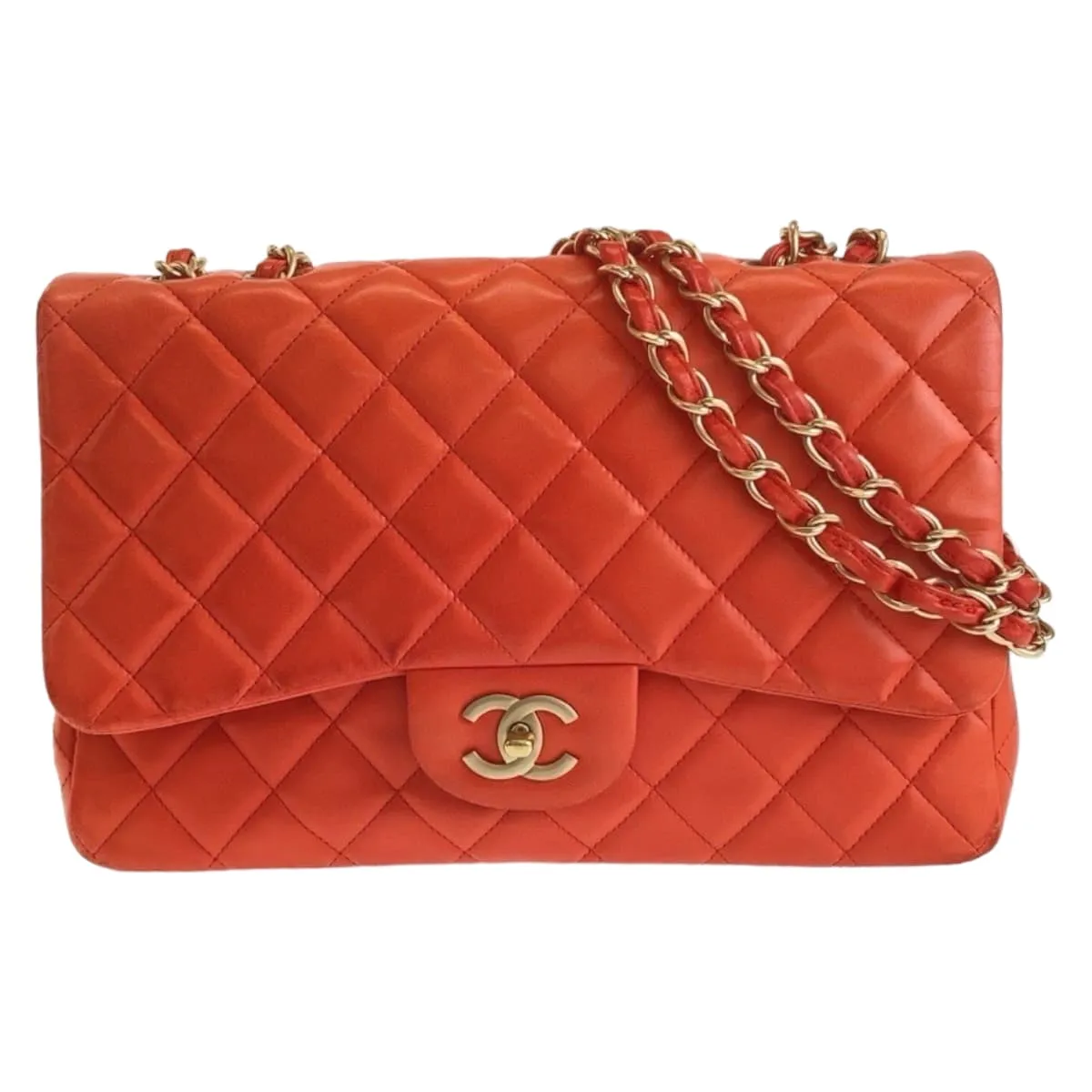 CHANEL Shoulder Bag lambskin Orange GoldMetal ChainShoulder Bag Deca Matelasse 30 Single Flap COCO Mark Turnlock Women Used