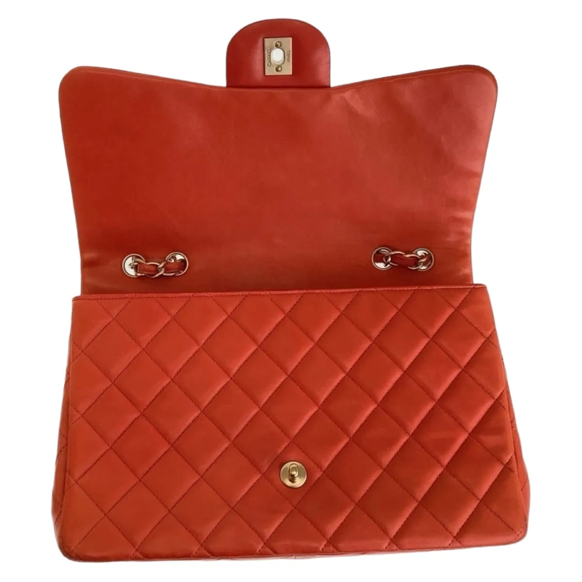CHANEL Shoulder Bag lambskin Orange GoldMetal ChainShoulder Bag Deca Matelasse 30 Single Flap COCO Mark Turnlock Women Used