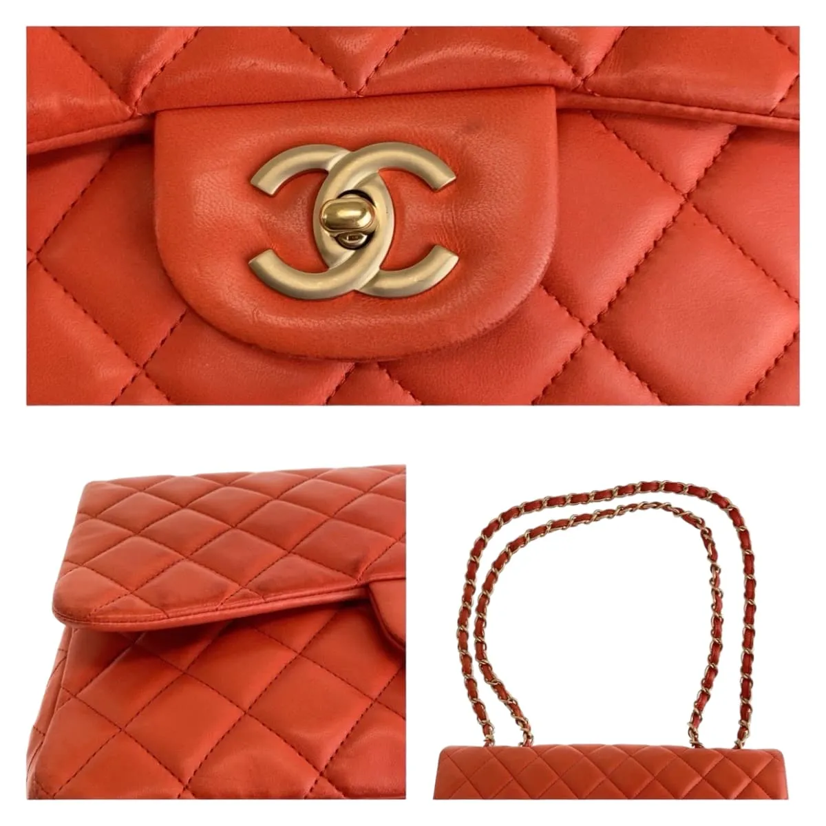 CHANEL Shoulder Bag lambskin Orange GoldMetal ChainShoulder Bag Deca Matelasse 30 Single Flap COCO Mark Turnlock Women Used