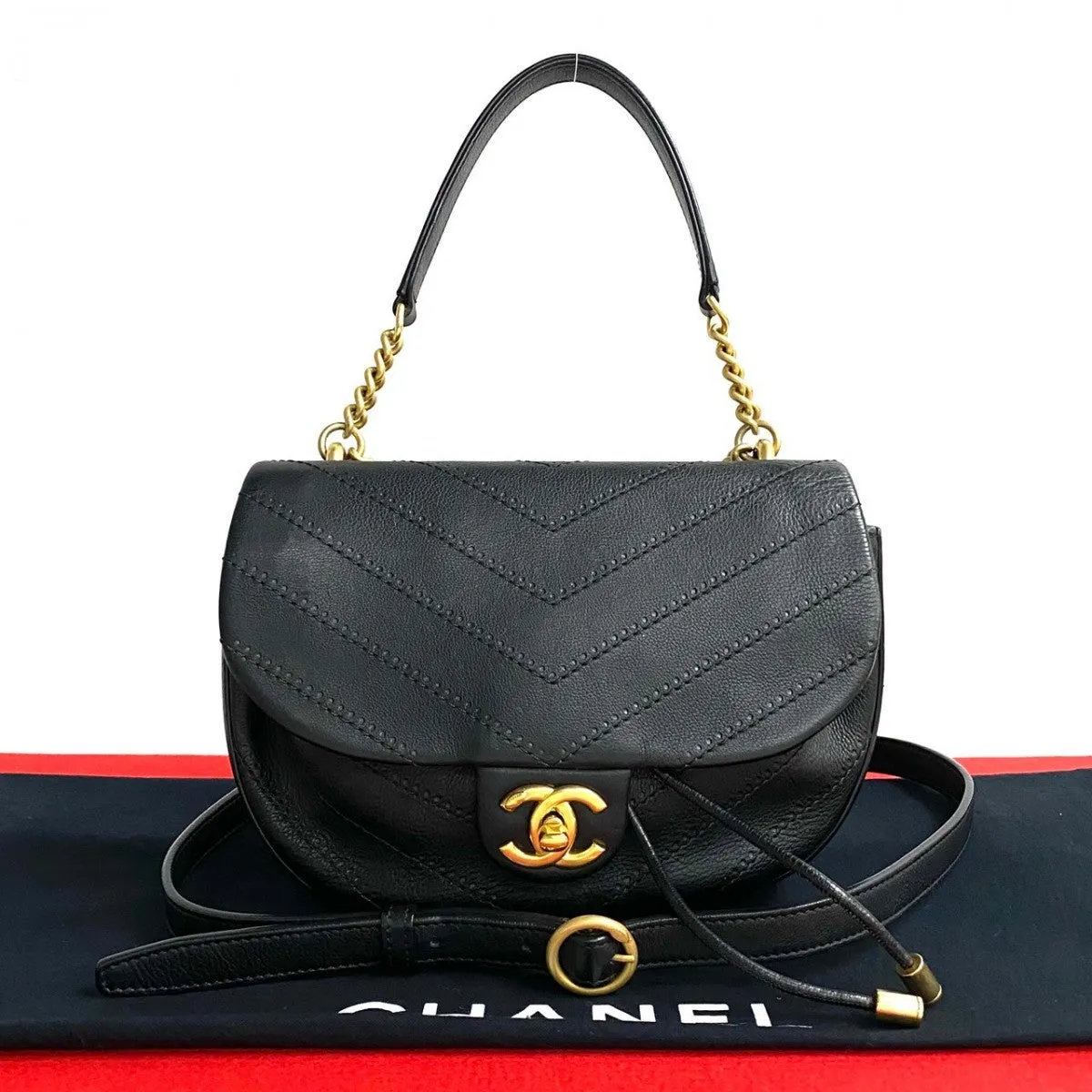 CHANEL Shoulder Bag leather black COCO Mark Women Used