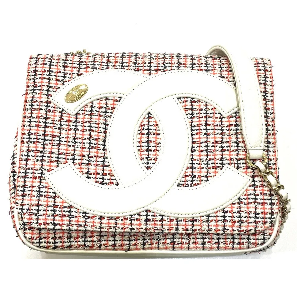 CHANEL Shoulder Bag Leather, Tweed White x red CC COCO Mark flap pochette Women Used