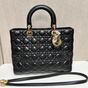 Christian Dior Large Cannage Lady Dior Bag w/ Strap - Black Totes B18-2