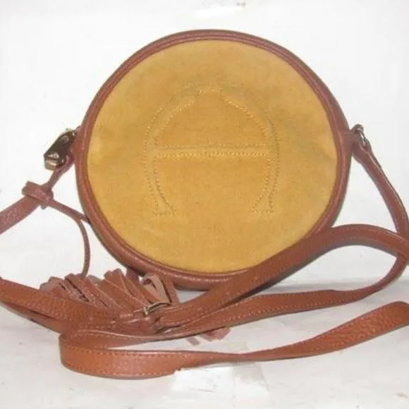 Etienne Aigner, 1970's- 1980's, yellow canvas and brown leather round canteen style cross body or shoulder bag