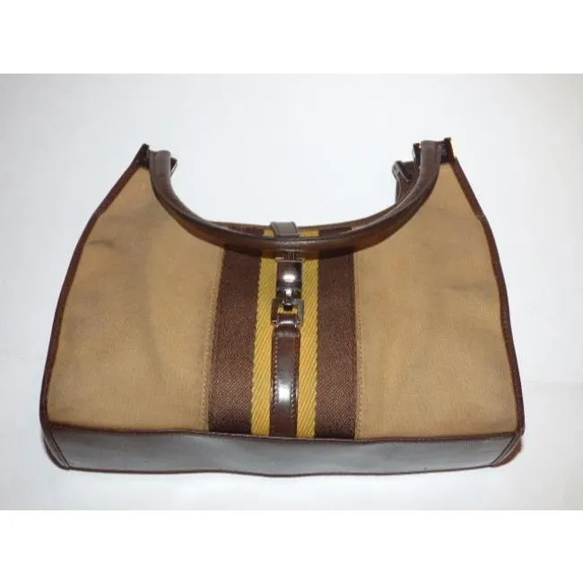 Gucci Tan Canvas and Brown Leather Jackie Bardot Style Hobo Shoulder Bag W Yellow & Brown Sherry Stripe & Chrome Hardware