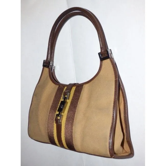 Gucci Tan Canvas and Brown Leather Jackie Bardot Style Hobo Shoulder Bag W Yellow & Brown Sherry Stripe & Chrome Hardware