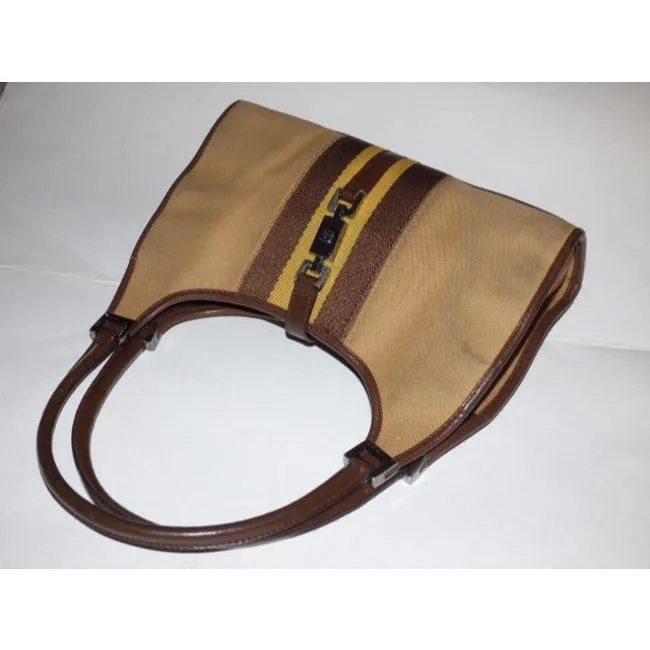 Gucci Tan Canvas and Brown Leather Jackie Bardot Style Hobo Shoulder Bag W Yellow & Brown Sherry Stripe & Chrome Hardware
