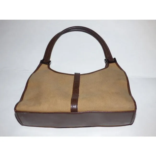 Gucci Tan Canvas and Brown Leather Jackie Bardot Style Hobo Shoulder Bag W Yellow & Brown Sherry Stripe & Chrome Hardware
