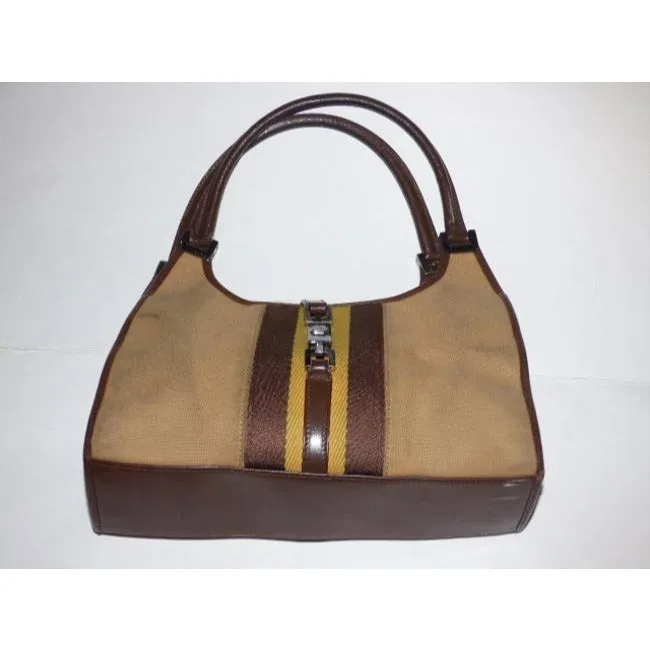 Gucci Tan Canvas and Brown Leather Jackie Bardot Style Hobo Shoulder Bag W Yellow & Brown Sherry Stripe & Chrome Hardware