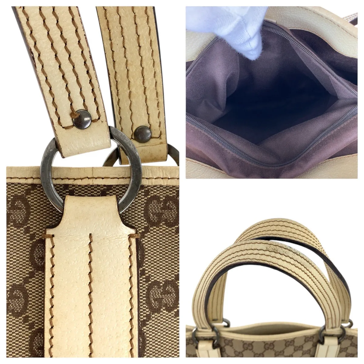 GUCCI Tote Bag 113022 GG canvas, leather Brown White SilverMetal Tote Bag Shoulder Bag Women Used