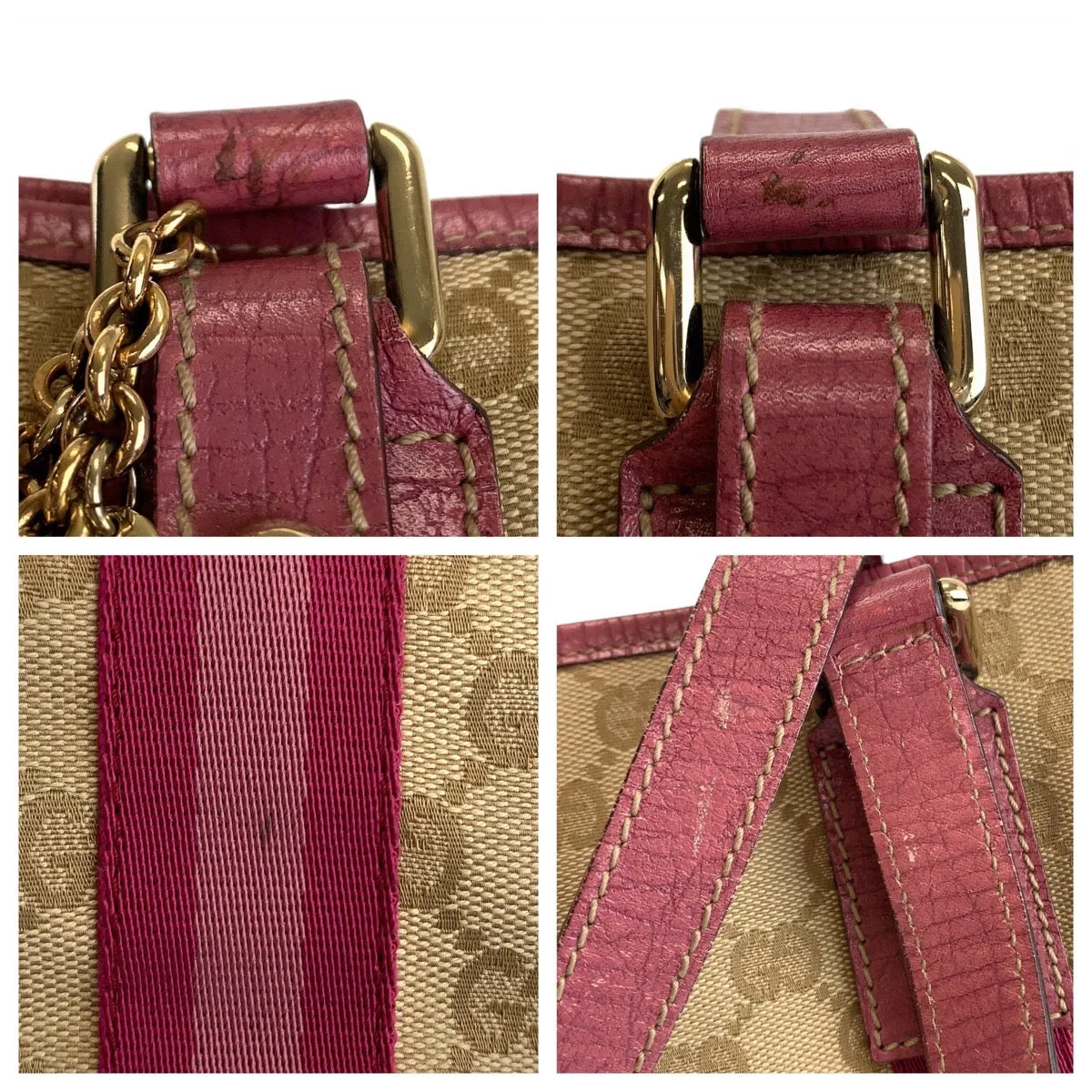 GUCCI Tote Bag 137396 GG canvas, leather Beige Pink Gold Metal Tote Bag Handbag Shoulder Bag Sherry GG pattern Women Used