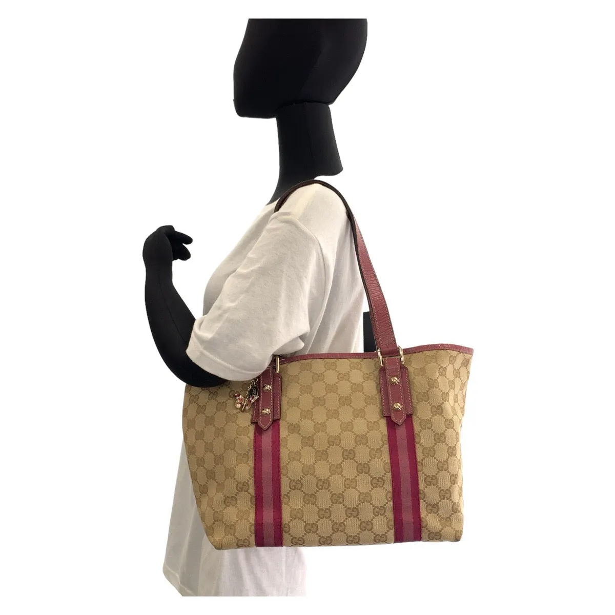 GUCCI Tote Bag 137396 GG canvas, leather Beige Pink Gold Metal Tote Bag Handbag Shoulder Bag Sherry GG pattern Women Used