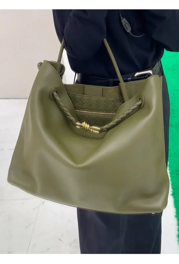 Large Luxury Soft Leather Tote Bag, Aesthetic Handbag With Gold Knot Buckle, Daily Fashion Designer Bag, Crossbody & Shoulder Style