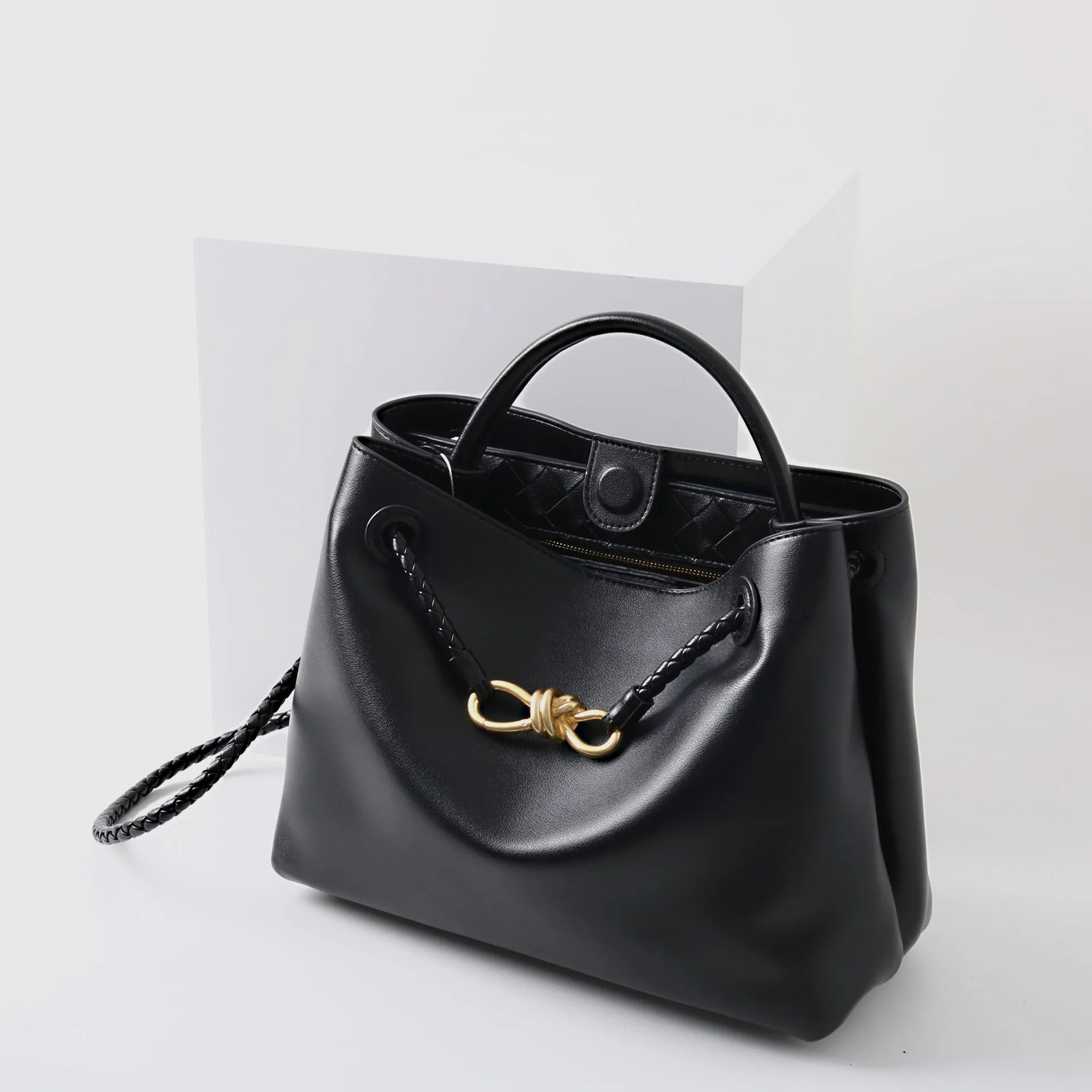 Large Luxury Soft Leather Tote Bag, Aesthetic Handbag With Gold Knot Buckle, Daily Fashion Designer Bag, Crossbody & Shoulder Style
