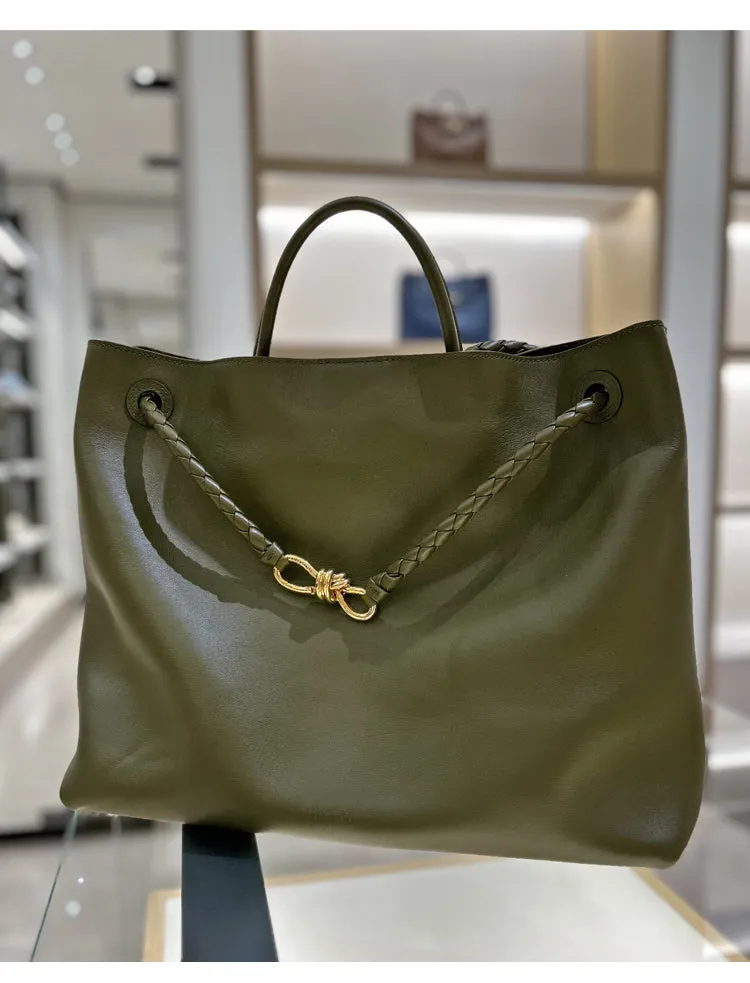Large Luxury Soft Leather Tote Bag, Aesthetic Handbag With Gold Knot Buckle, Daily Fashion Designer Bag, Crossbody & Shoulder Style