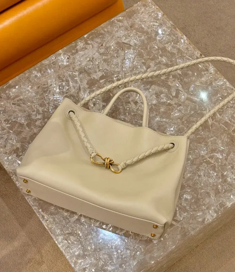 Large Luxury Soft Leather Tote Bag, Aesthetic Handbag With Gold Knot Buckle, Daily Fashion Designer Bag, Crossbody & Shoulder Style