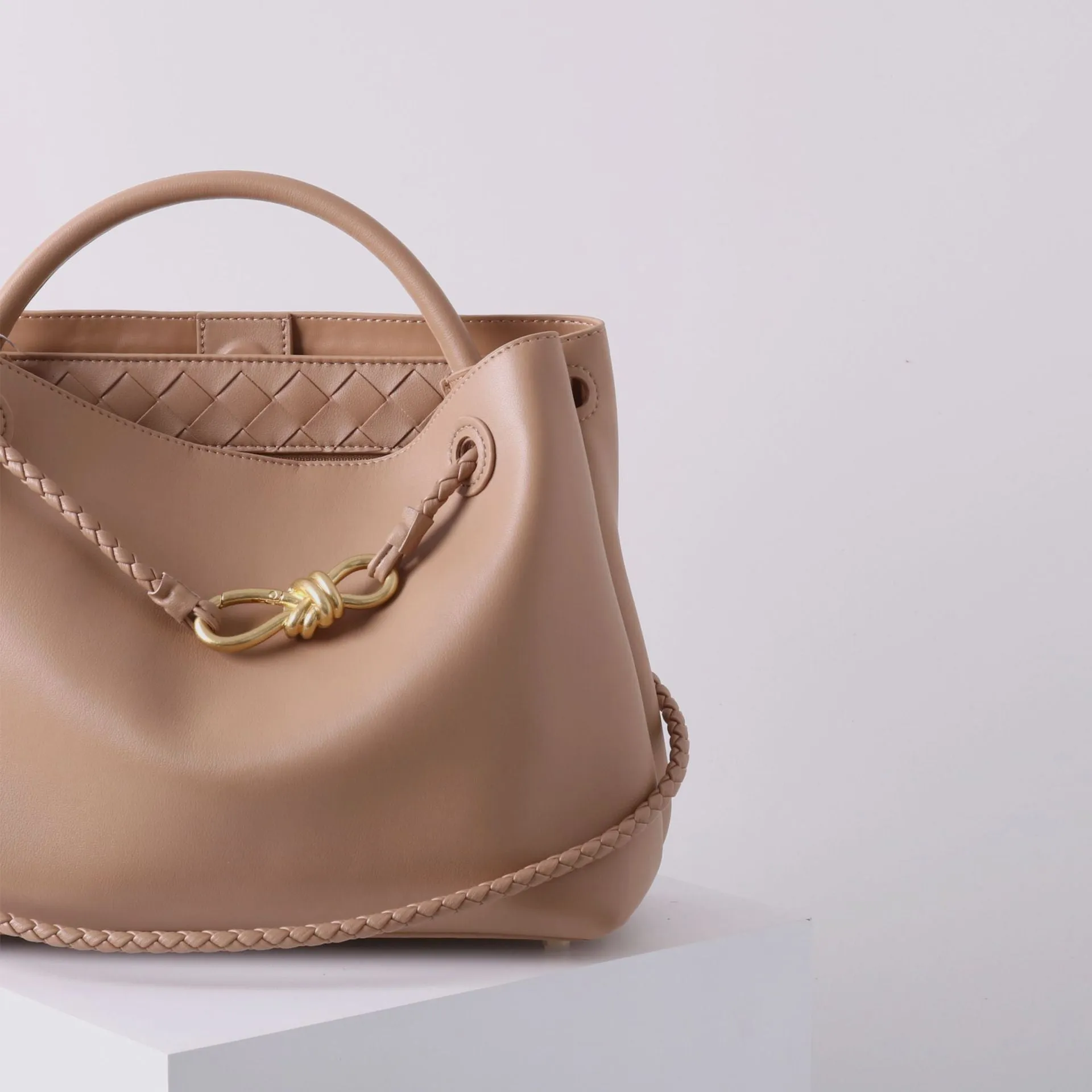 Large Luxury Soft Leather Tote Bag, Aesthetic Handbag With Gold Knot Buckle, Daily Fashion Designer Bag, Crossbody & Shoulder Style