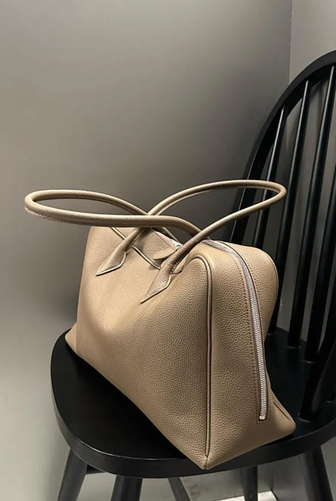 Luxury Togo Genuine Leather Boston Tote Bag for Women, Designer-Inspired Bowling Style, Large Laptop Commuter Bag