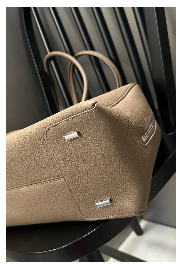 Luxury Togo Genuine Leather Boston Tote Bag for Women, Designer-Inspired Bowling Style, Large Laptop Commuter Bag