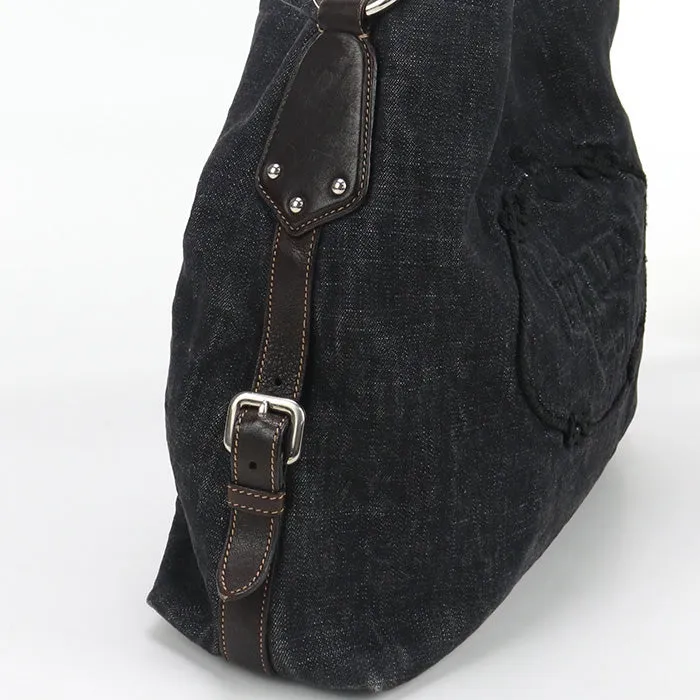 PRADA BR3394 Shoulder bag Logo embroidery One Shoulder Bag denim, leather black Women