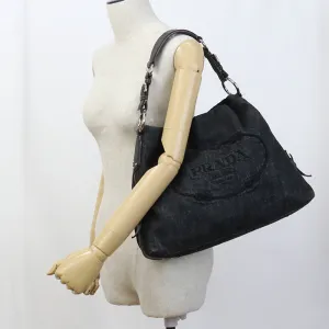 PRADA BR3394 Shoulder bag Logo embroidery One Shoulder Bag denim, leather black Women