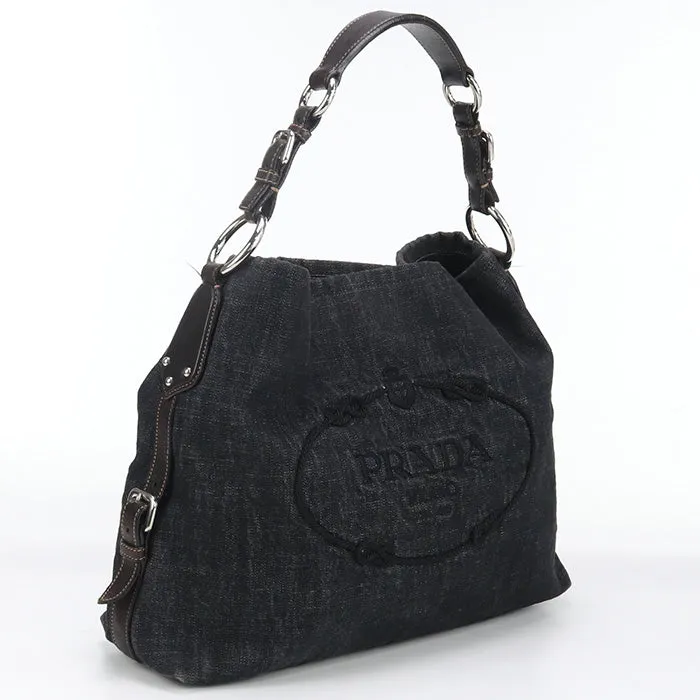 PRADA BR3394 Shoulder bag Logo embroidery One Shoulder Bag denim, leather black Women