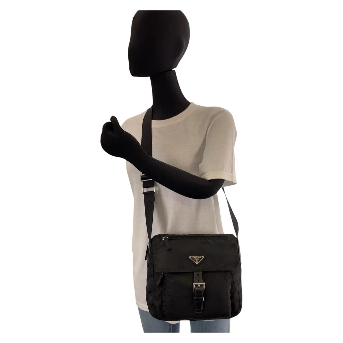 PRADA Shoulder Bag Nylon, Leather Black SilverMetal Crossbody Shoulder Bag Pochette Test Triangle With logo mens Used