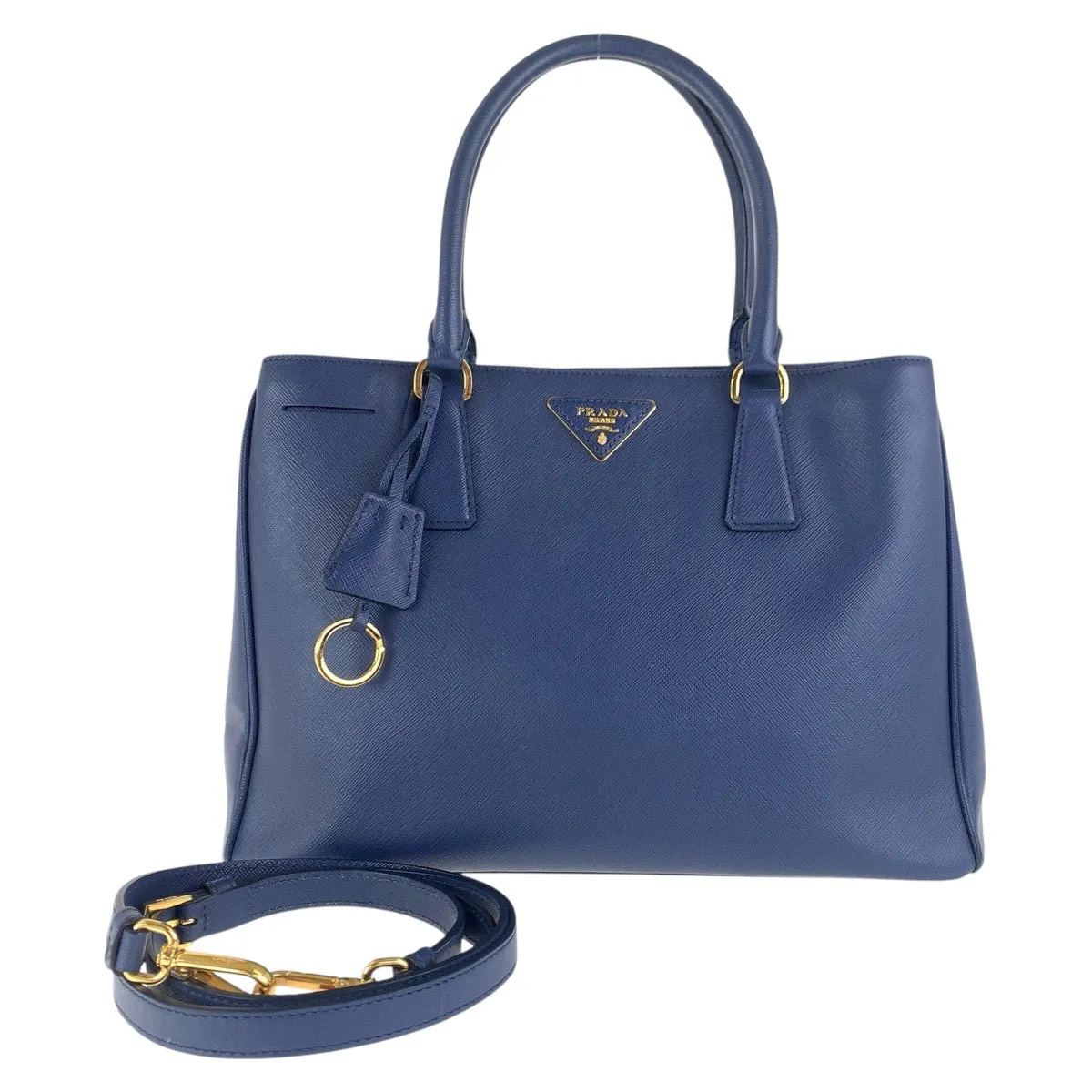 PRADA Tote Bag leather Blue GoldMetal Tote Bag Shoulder Bag 2way Safiano Galleria TriangleWith logo Women Used