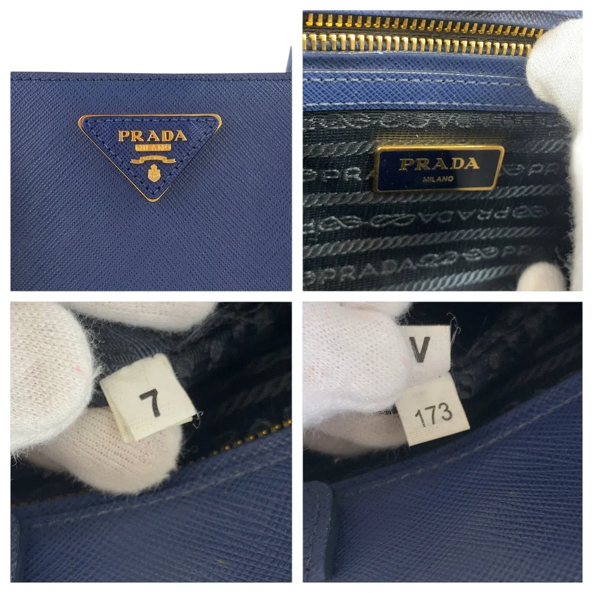 PRADA Tote Bag leather Blue GoldMetal Tote Bag Shoulder Bag 2way Safiano Galleria TriangleWith logo Women Used