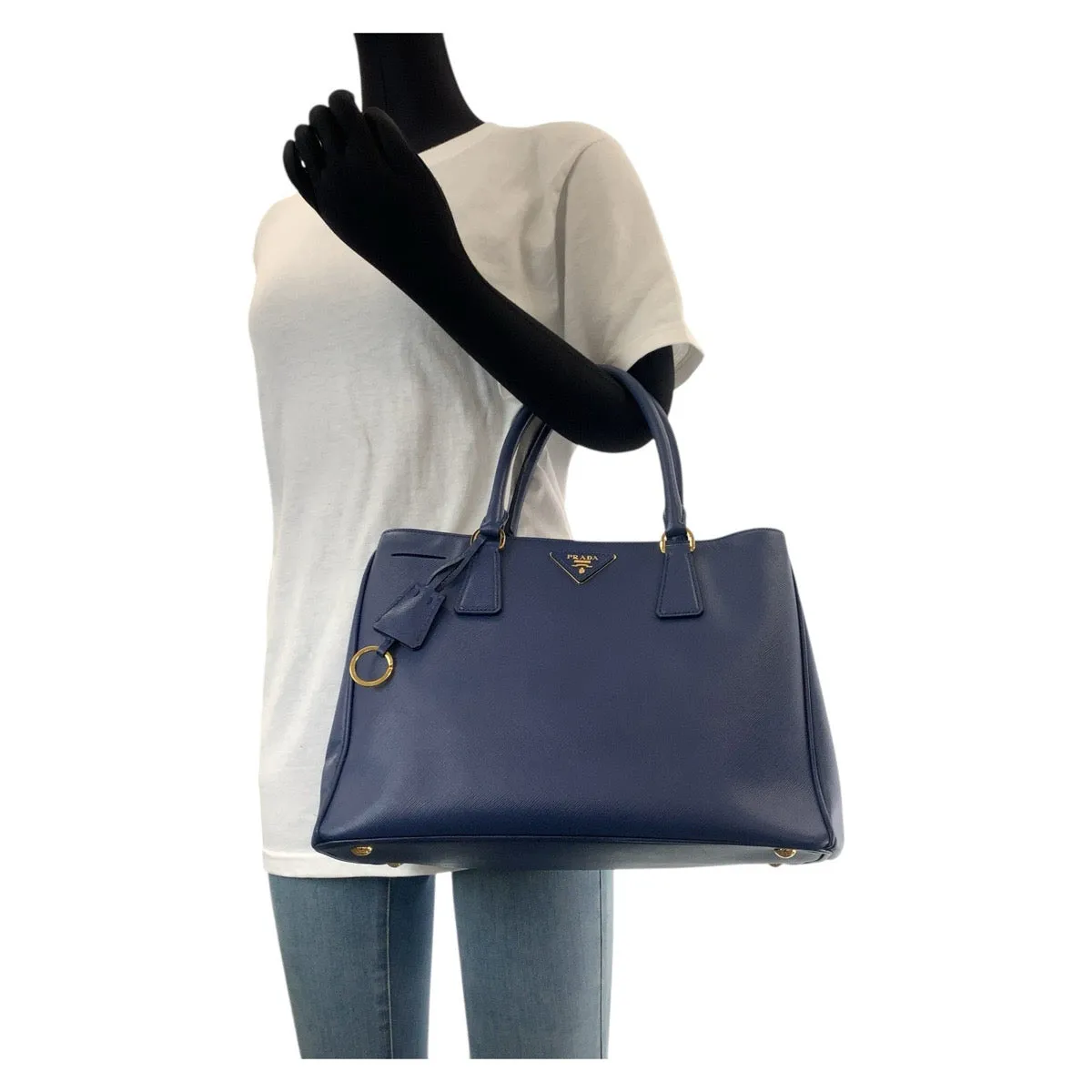 PRADA Tote Bag leather Blue GoldMetal Tote Bag Shoulder Bag 2way Safiano Galleria TriangleWith logo Women Used