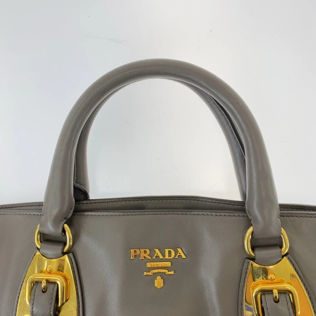 PRADA Tote Bag leather Gray Greige Gold Metal Tote Bag Shoulder Bag Women Used