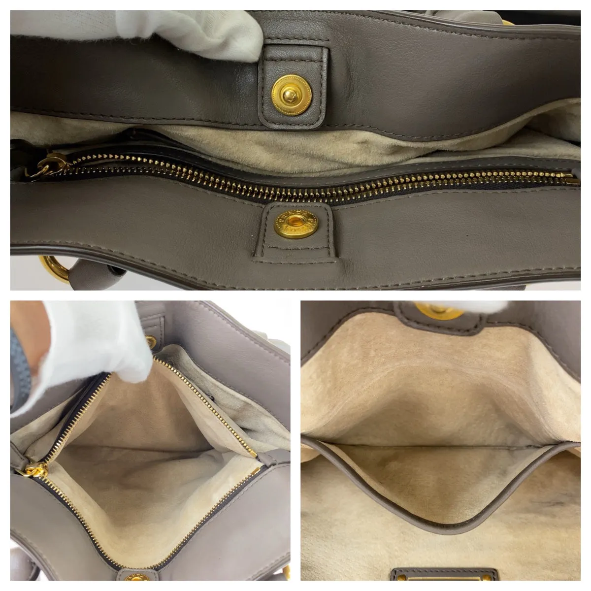 PRADA Tote Bag leather Gray Greige Gold Metal Tote Bag Shoulder Bag Women Used