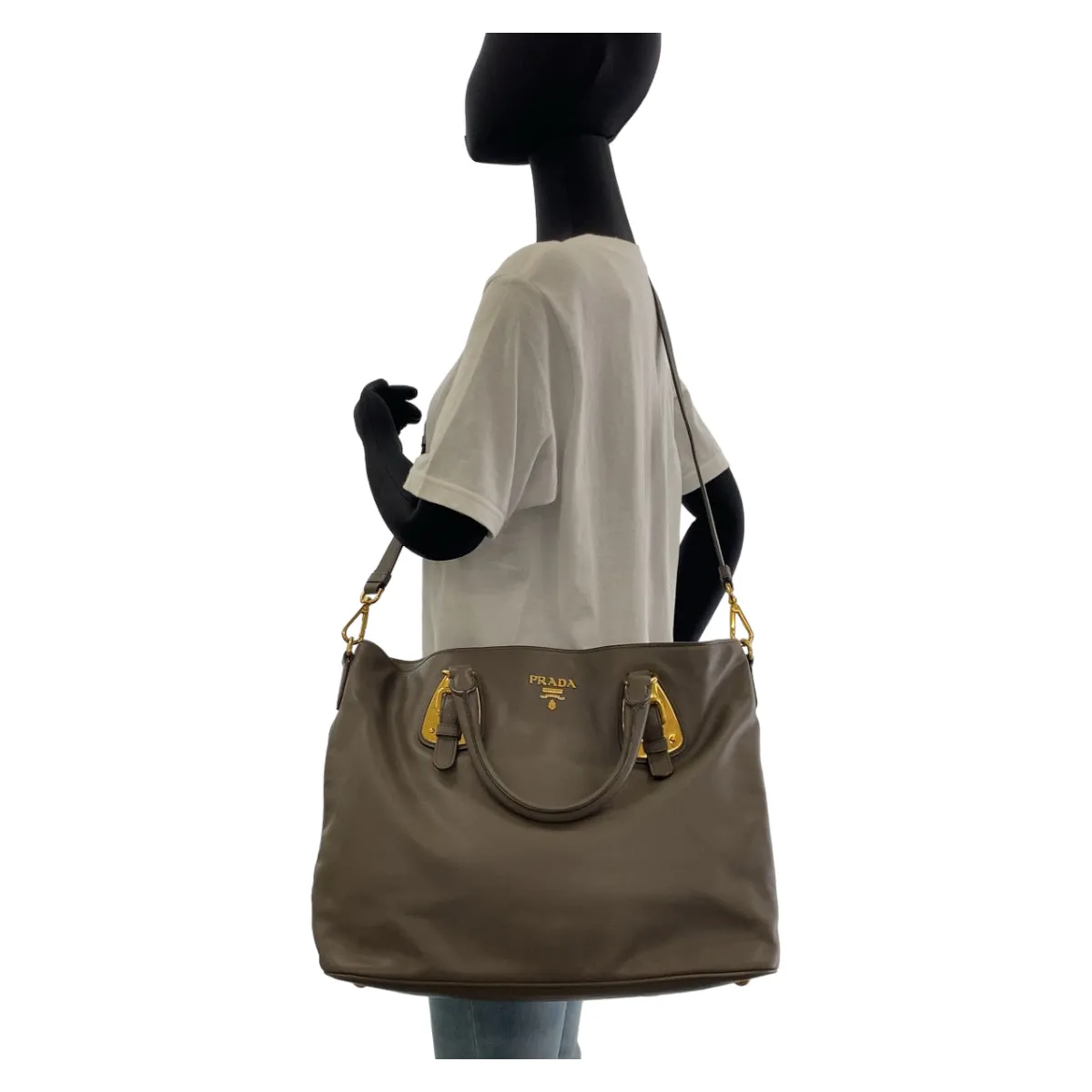 PRADA Tote Bag leather Gray Greige Gold Metal Tote Bag Shoulder Bag Women Used