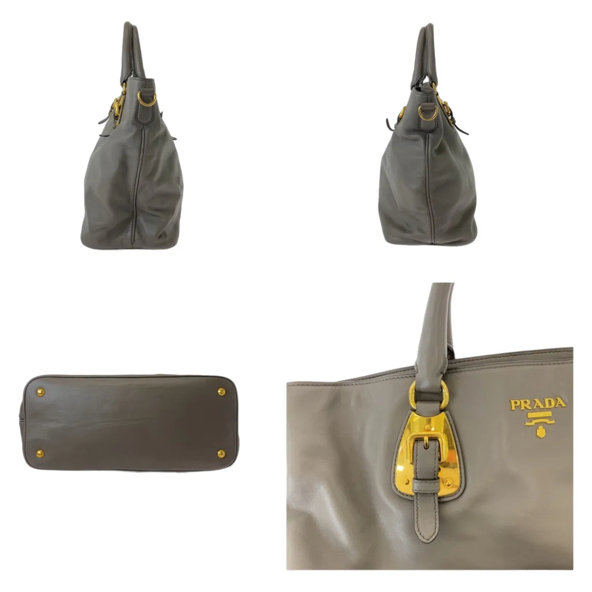PRADA Tote Bag leather Gray Greige Gold Metal Tote Bag Shoulder Bag Women Used