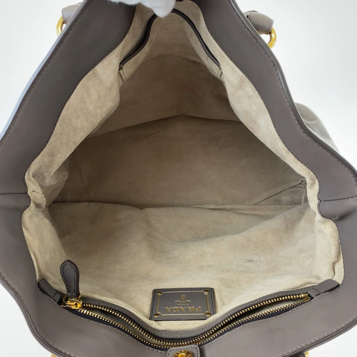 PRADA Tote Bag leather Gray Greige Gold Metal Tote Bag Shoulder Bag Women Used
