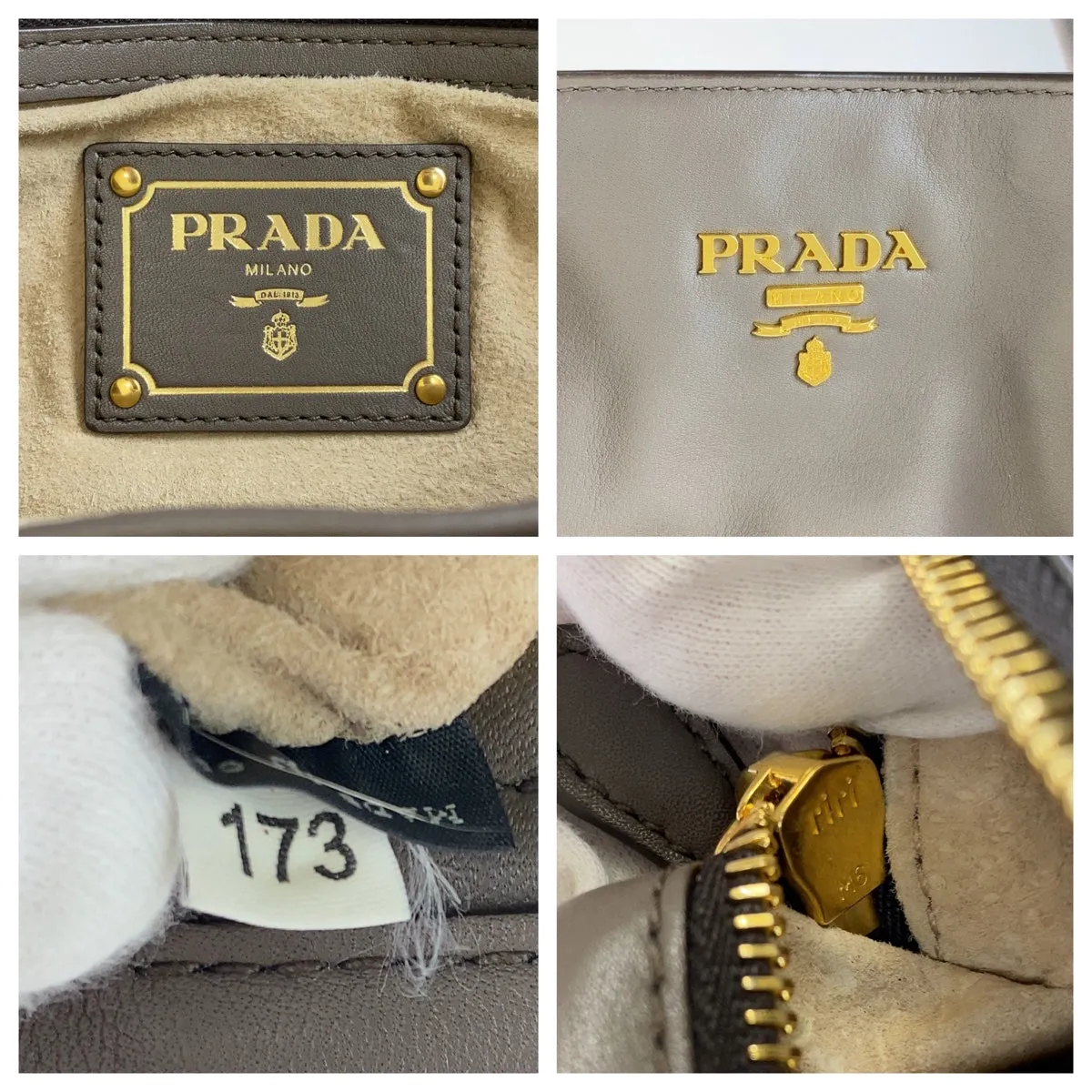 PRADA Tote Bag leather Gray Greige Gold Metal Tote Bag Shoulder Bag Women Used
