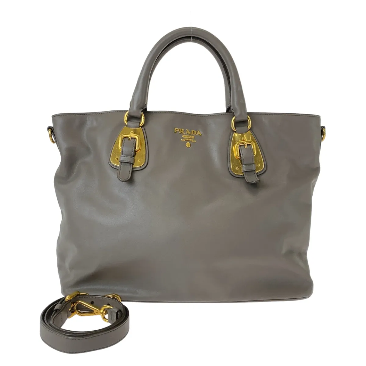 PRADA Tote Bag leather Gray Greige Gold Metal Tote Bag Shoulder Bag Women Used