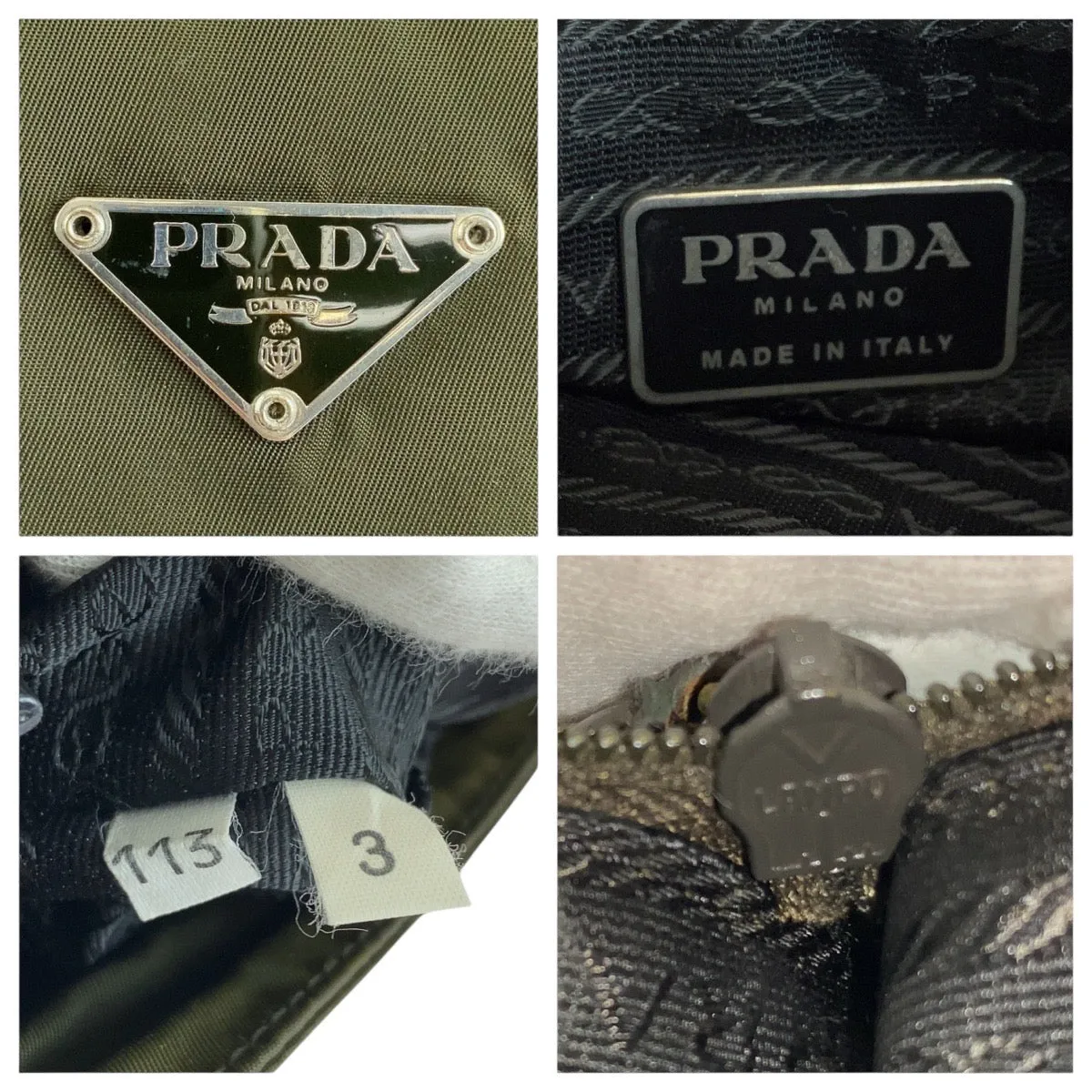 PRADA Tote Bag Nylon Khaki SilverMetal Tote Bag Shoulder Bag Test Triangle With logo Women Used