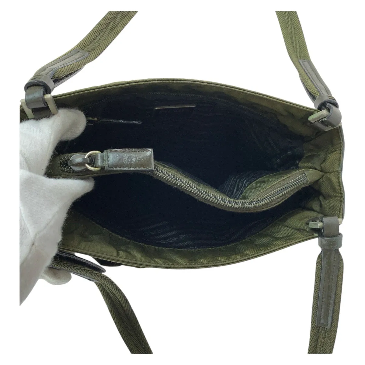 PRADA Tote Bag Nylon Khaki SilverMetal Tote Bag Shoulder Bag Test Triangle With logo Women Used