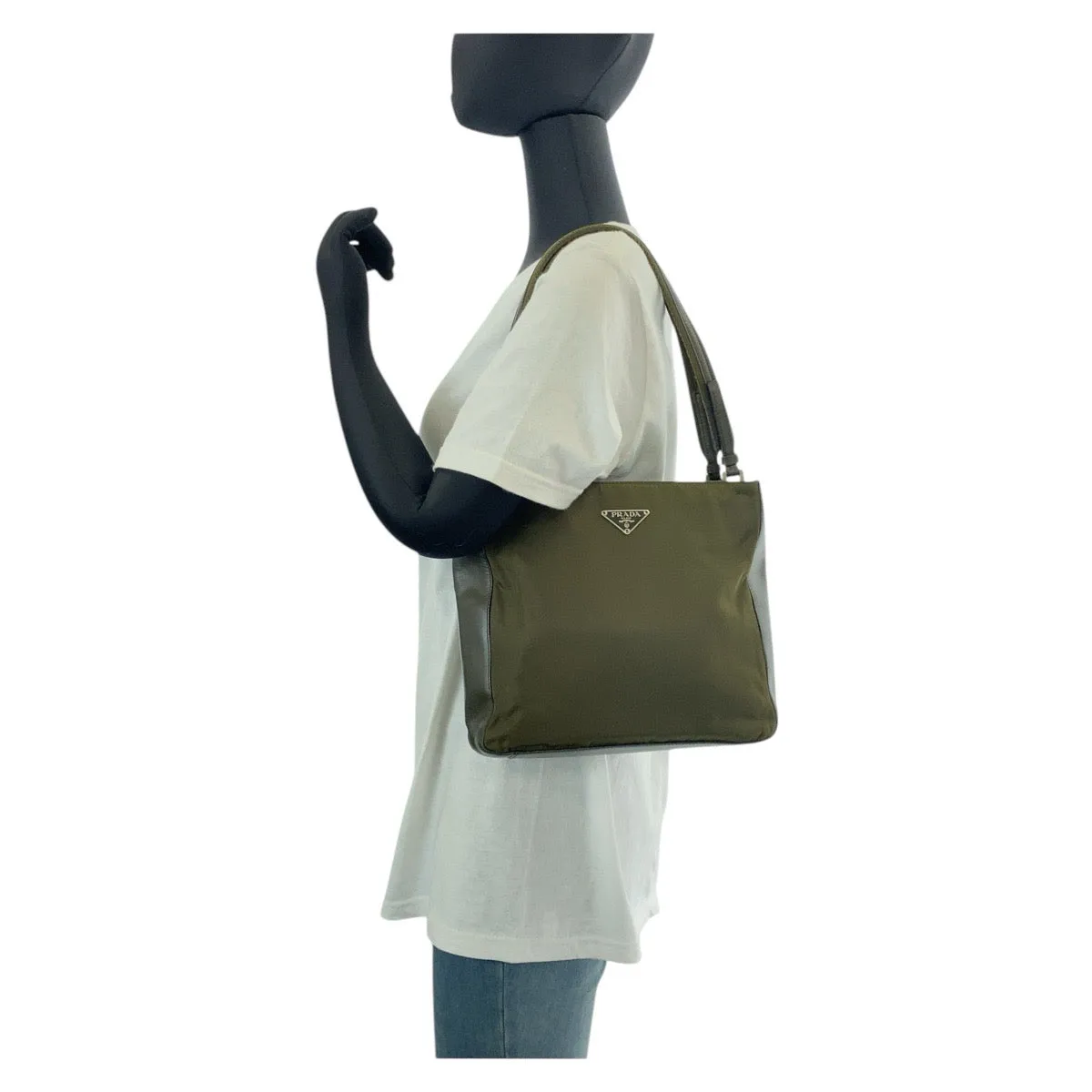 PRADA Tote Bag Nylon Khaki SilverMetal Tote Bag Shoulder Bag Test Triangle With logo Women Used