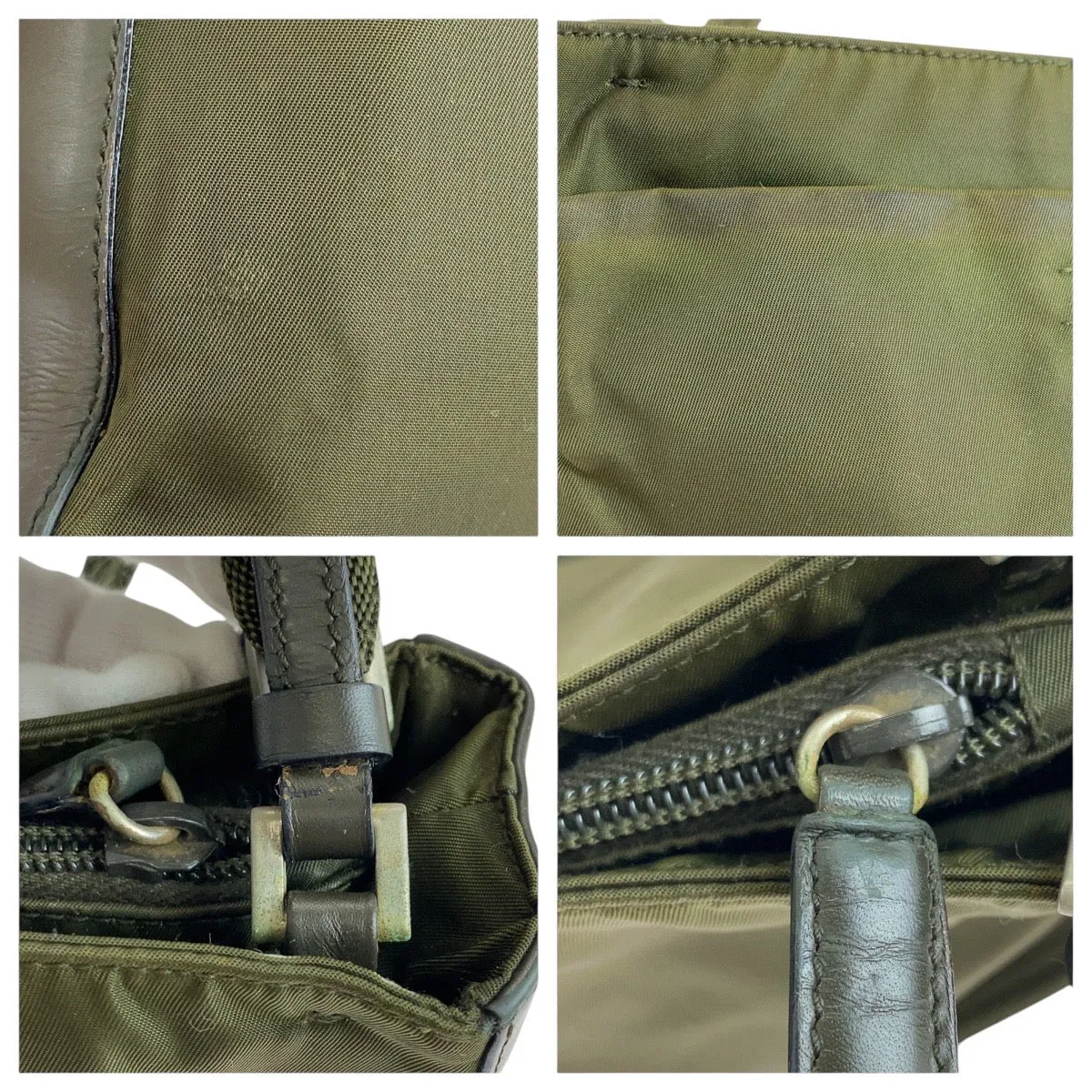 PRADA Tote Bag Nylon Khaki SilverMetal Tote Bag Shoulder Bag Test Triangle With logo Women Used