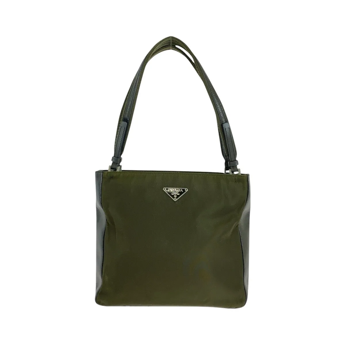 PRADA Tote Bag Nylon Khaki SilverMetal Tote Bag Shoulder Bag Test Triangle With logo Women Used