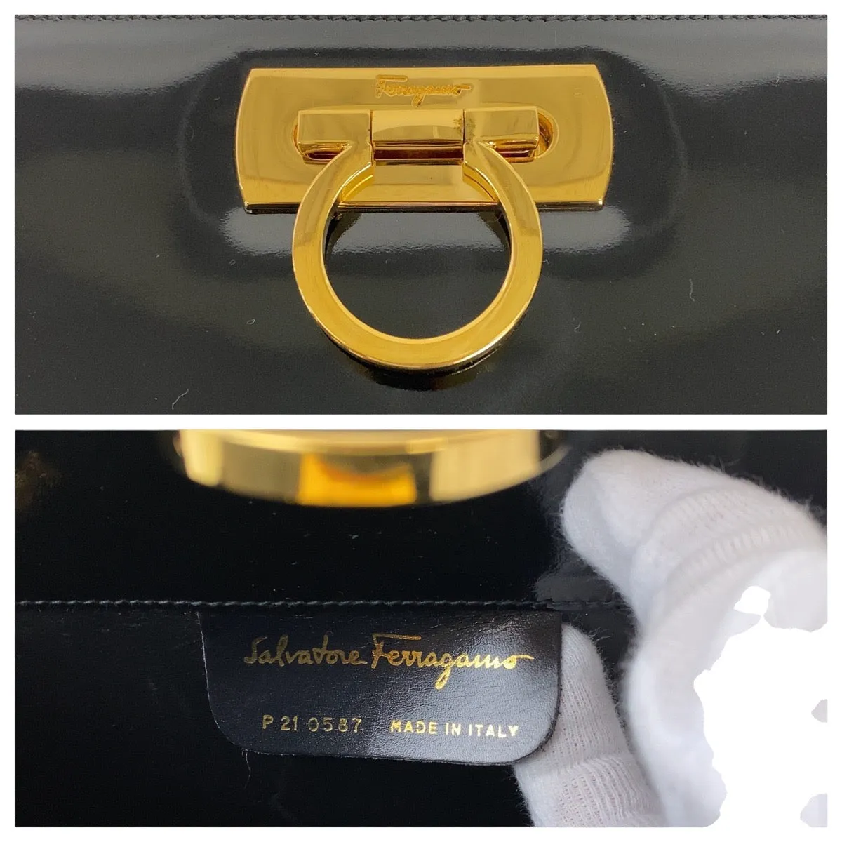 Salvatore Ferragamo Shoulder Bag Patent leather Black GoldMetal Shoulder Bag Clutch Bag Gancini Women Used